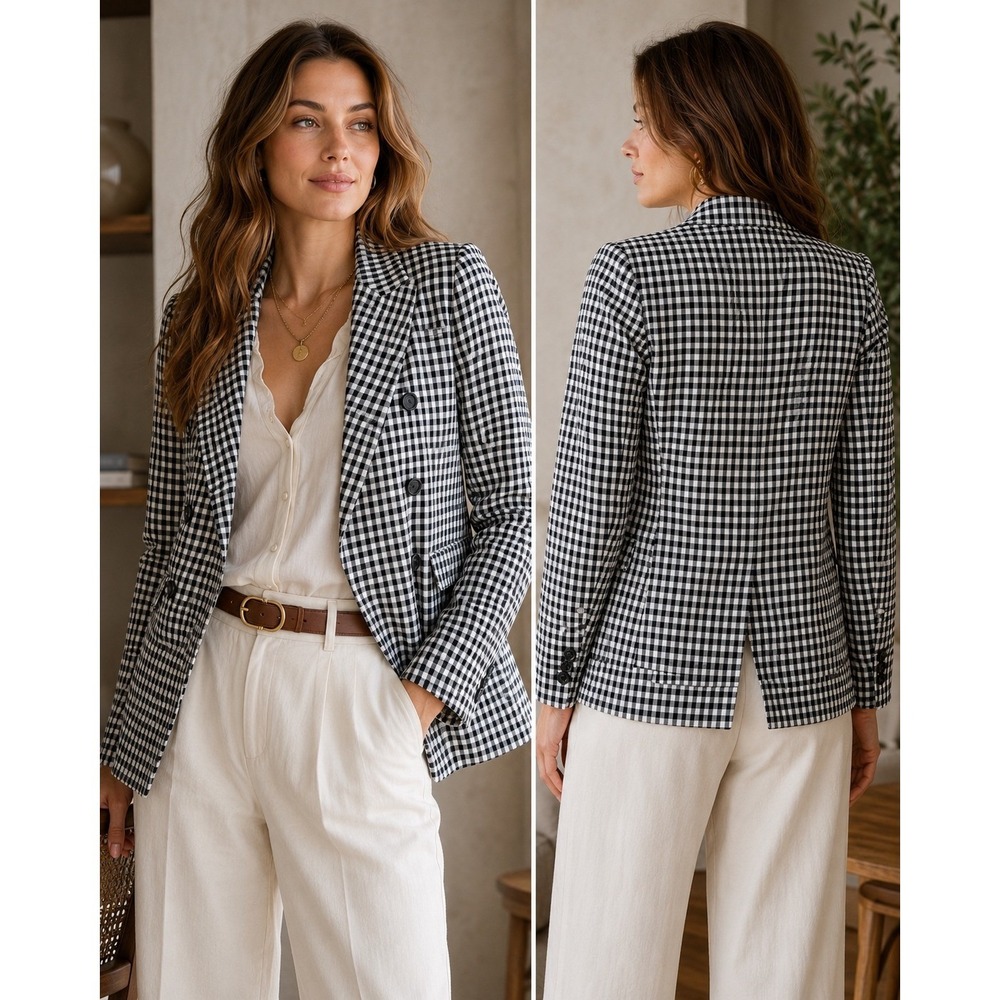 Maison d'Amélie Gingham Blazer Women Large Black White Double Breasted Jacket